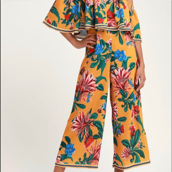 Yellow Floral Print JUMPSUIT Off-the-Shoulder NWT - Picture 4 of 9